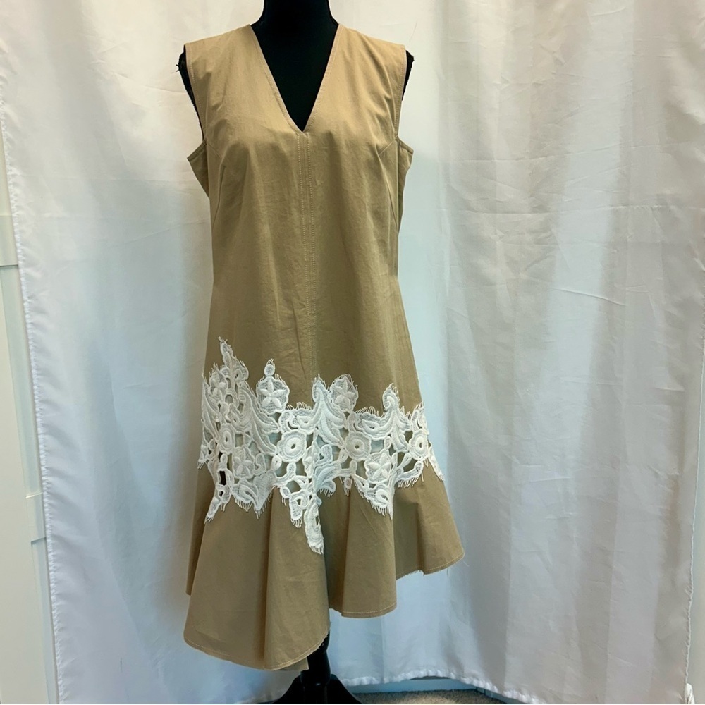 Derek Lam khaki tan brown white crochet lace appliqué sleeveless Cocktail Dress